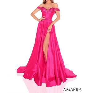 NEW AMARRA floral neckline pleated waist high slit dress in fuchsia
